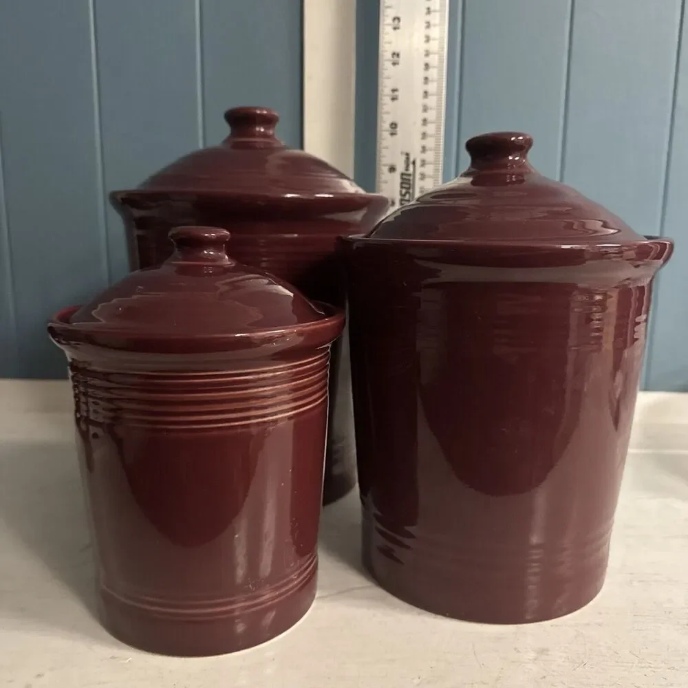 Set Of 3 Fiesta‎ Ware Canister Cinnabar Retired EUC Ceramic Burgundy Fiesta Ware